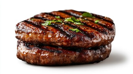 This image showcases two perfectly grilled meat patties with a shiny glaze and grill marks, garnished with fresh herbs, ideal for culinary enthusiasts and meat lovers.