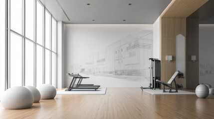 Minimalist gym with white padded floor and wall graphics (mockup)  