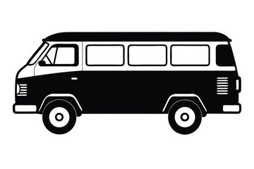Retro black and white camper van with rectangular windows is parked facing right