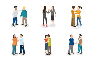 3D Isometric Flat  Set of Greeting Gestures, Friends or Colleagues Greet Each Other