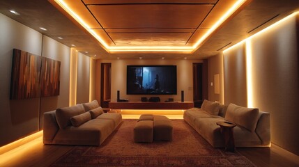 Minimalist home theater with acoustic panels and LED strips 