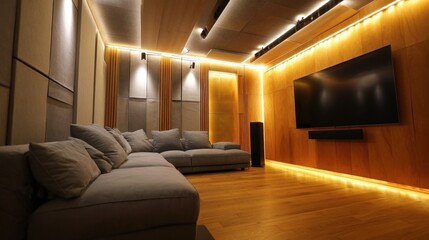 Minimalist home theater with acoustic panels and LED strips 