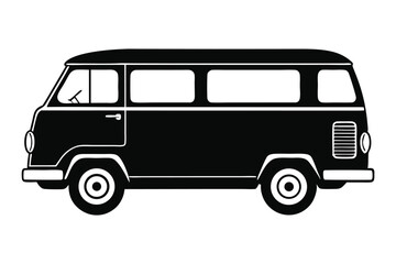 Iconic black and white vintage camper van stands stationary with clear window and tire details