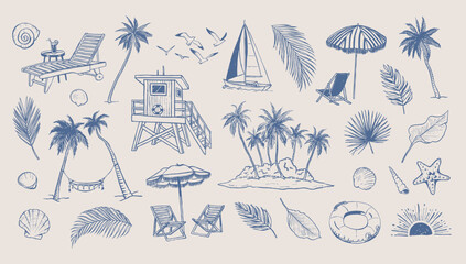 Summer beach elements. Coastal vacation drawings. Hand drawn illustration of palm trees, boat and shells. Graphic background. © Anastasiia Neibauer