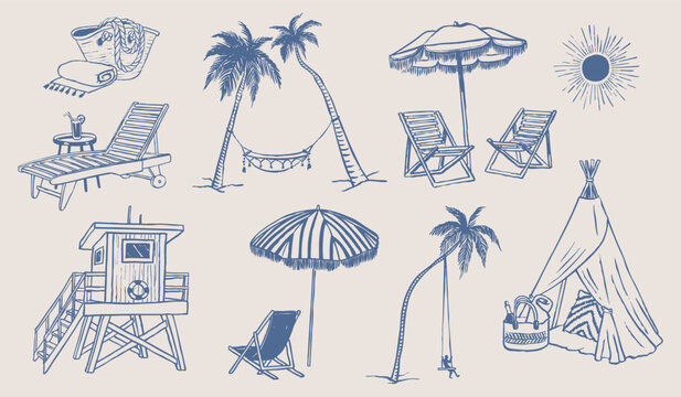 Beach wood lounger with umbrella. Boho teepee tent. Coastal picnic elements. Vacation drawings. Hand drawn illustration of lounge chair and hammock - Powered by Adobe