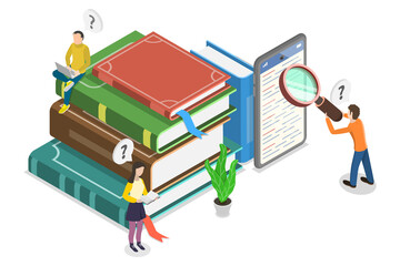3D Isometric Flat  Illustration of Digital Dictionary, Online Knowledge Hub