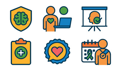 Flat vector icons of mental health in the workplace: mental health policy badge, employee mental wellness program, psychological safety training, team support culture badge, HR mental health