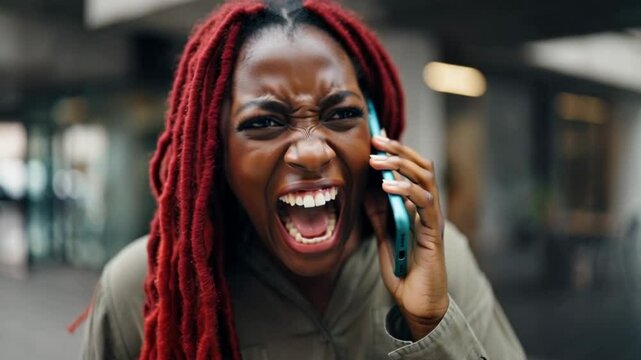Close-up of annoyed young adult black woman with long red braids engaged in an angry phone call, shouting and expressing frustration in urban environment