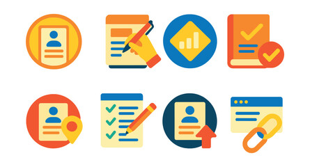Flat vector icons of resume building essentials: professional resume layout badge, writing a strong summary planner, listing key skills badge, highlighting achievements guide, tailoring resume to job