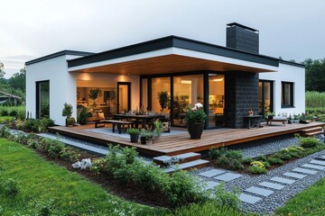 Modern house, evening, garden, patio, landscaping, real estate