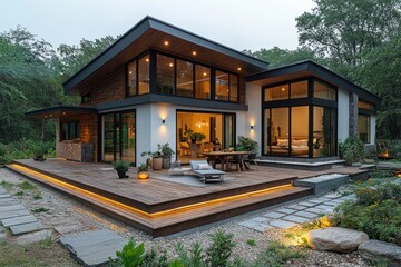 Modern house, deck, forest, evening lighting, real estate