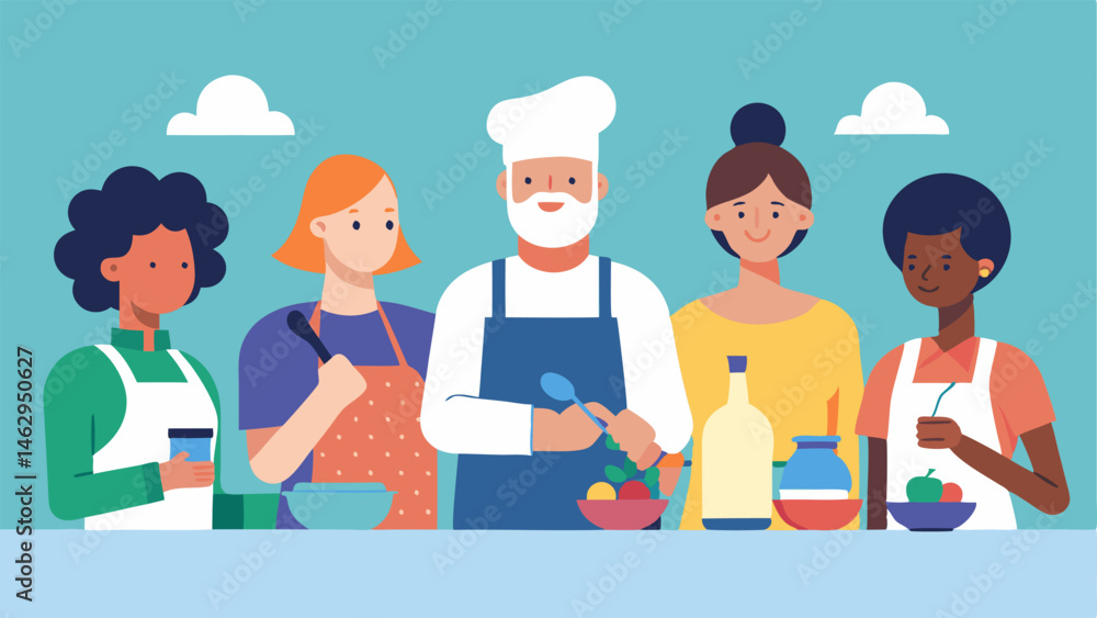 Poster learning together a diverse group of adults engaged in a cooking class sharing recipes and skills em