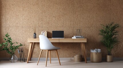 Minimalist office with layered desktop and cork wall (mockup)  
