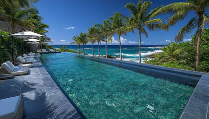 Obraz premium Luxury Infinity Pool Overlooking Ocean and Palm Trees
