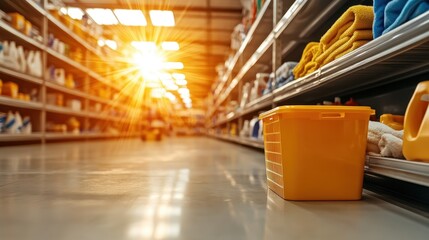 A beautifully illuminated aisle filled with shelves of various products, creating a bright and inviting atmosphere in a warehouse store during sunset hours.