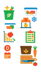 Flat vector icons of food waste prevention: food scrap bin, &ldquo;use first&rdquo; shelf label, freezing leftovers, planned grocery list, portion tracker, composting container, storage date icons, zero-waste