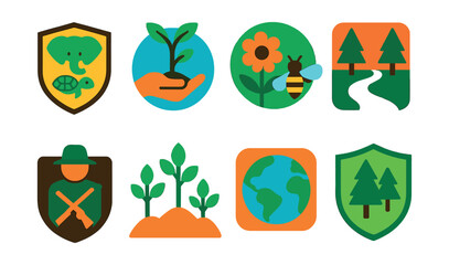 Flat vector icons of biodiversity protection: endangered species conservation badge, habitat restoration project icon, pollinator garden creation badge, wildlife corridor development icon,