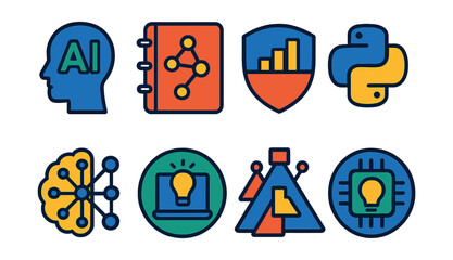 Flat vector icons of learning AI and technology skills: basic AI literacy badge, machine learning basics planner, learning data science fundamentals badge, coding with Python badge, building simple