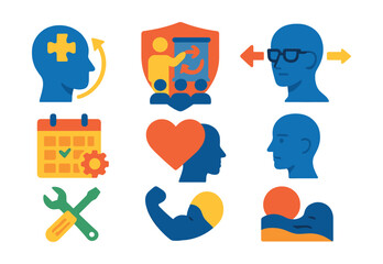 Flat vector icons of adaptability training: practicing flexible thinking badge, embracing change workshops badge, solving problems in new ways badge, adjusting learning methods planner, building