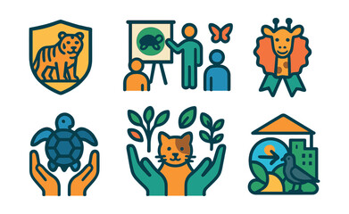Flat vector icons of animal protection education: endangered species poster badge, wildlife conservation workshops icon, zoo animal care badge, habitat preservation activities badge, protecting