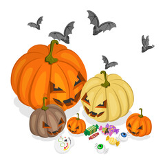 3D Isometric Flat  Illustration of Halloween Season, Spooky Pumpkins, Bats, And Festive Treats