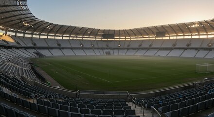 Empty ultra-modern football stadium in Europe at sunrise, soft golden light illuminating the empty rows of seats, clean grass pitch with visible mowing lines, minimal fog in the background, architectu