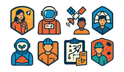Flat vector icons of space-related professions: space tourism guide badge, commercial astronaut icon, satellite communication engineer badge, space habitat designer badge, extraterrestrial