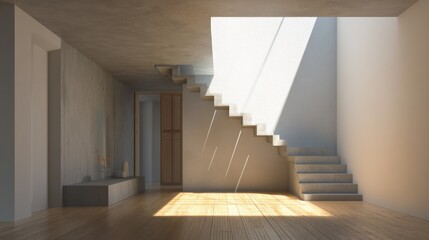 Obraz premium Minimalist stair hall with natural light shaft and clean wall (mockup) 