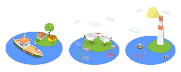 3D Isometric Flat  Illustration of Maritime Life , Sea Graphic Elements