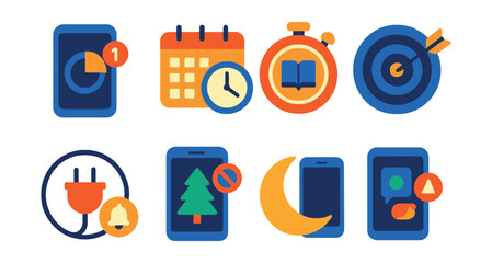 Flat vector icons of screen time management: screen time tracking app badge, daily screen time limit planner, focus timer for study sessions badge, digital balance goal setting badge, unplug hour