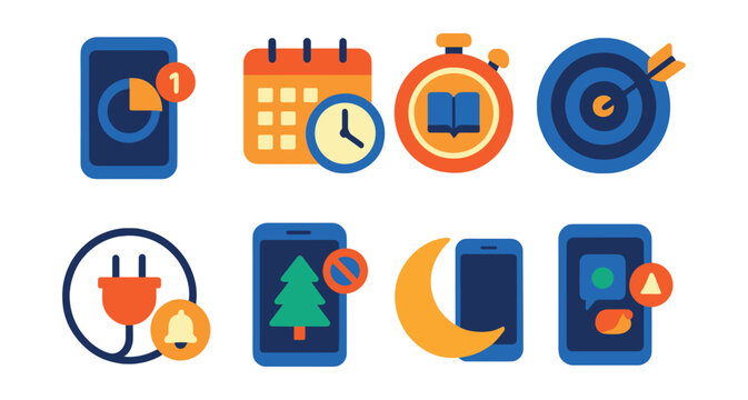 Flat vector icons of screen time management: screen time tracking app badge, daily screen time limit planner, focus timer for study sessions badge, digital balance goal setting badge, unplug hour