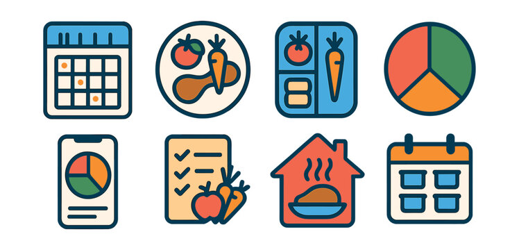 Flat vector icons of meal planning: weekly meal planner badge, balanced plate setup, meal prep container icon, portion control guide, colorful plate nutrition app, shopping list for healthy meals,