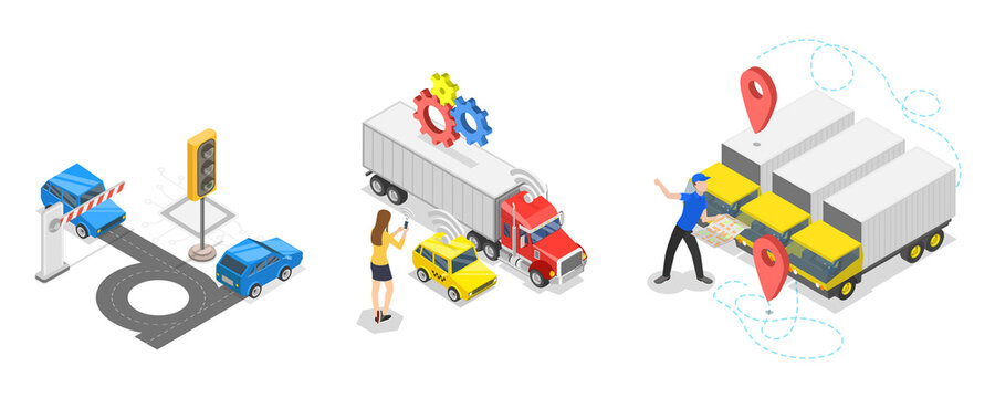 3D Isometric Flat  Illustration of Logistics and Technologies, Smart Car System