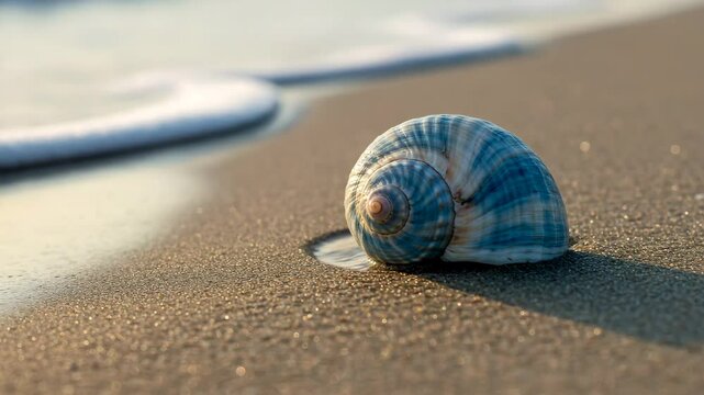 Beautiful seashell resting on the sand with ocean waves  