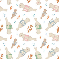 Cute Seamless Pattern with Cartoon Seals in Striped Swimsuits, Baby Seals, Coral and Bubbles on White Background – Kids Underwater Animal Print for Fabric, Wallpaper, and Nursery Decor