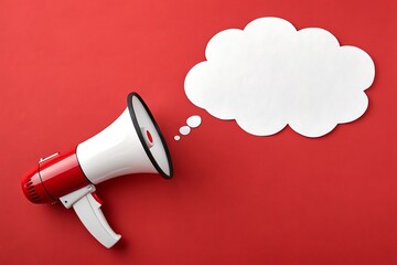 Red megaphone with speech bubble on red background: announcement communication concept