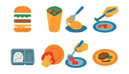 Flat vector icons of meal assembly and plating: stacking ingredients on burger, filling a wrap, pasta plating swirl, garnish placement with tweezers, rice mold tray, dish wipe clean, portioning with