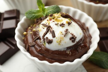 Tasty pudding with whipped cream in bowl and pieces of chocolate on table, closeup