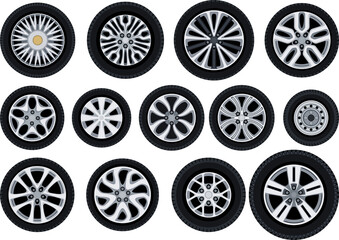 色々な種類の自動車用タイヤとホイールのイラストセット