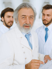 Obraz premium Three professionals discussing medical charts in a clinical setting 