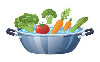 A bowl of fresh vegetables soaking in water for cleaning - vector illustration