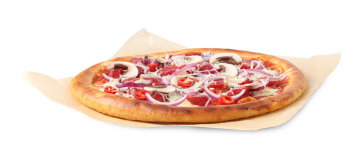 Tasty pizza with smoked sausages and mushrooms isolated on white
