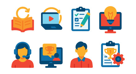 Flat vector icons of education and skills development careers: lifelong learning consultant badge, online education strategist badge, learning experience designer planner, edtech innovation manager