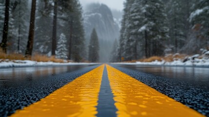 Snowy, wet road through a forest. Misty mountains in the distance