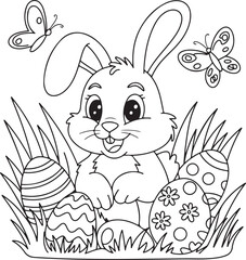 Adorable Easter Bunny with Eggs and Butterflies Coloring Page