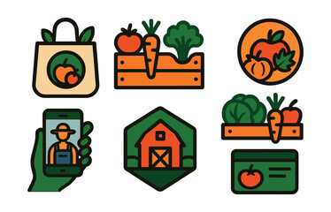 Flat vector icons of farm-to-table eating: farmers market shopping bag badge, local organic produce crate, farm fresh vegetables icon, seasonal eating guide badge, supporting local farmers app,