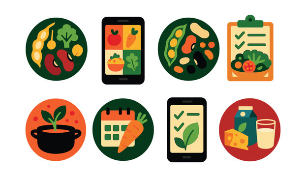 Flat vector icons of plant-based eating habits: plant protein sources guide badge, colorful vegan meals app, legumes and beans variety badge, whole food plant-based diet planner, vegan cooking