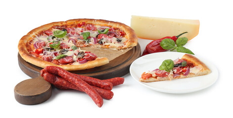 Tasty pizza with thin smoked sausages and ingredients isolated on white