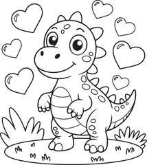 Cute Cartoon Baby Dinosaur with Hearts Coloring Page