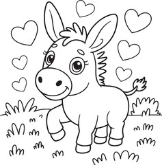 Adorable Cartoon Donkey with Hearts Coloring Page Illustration